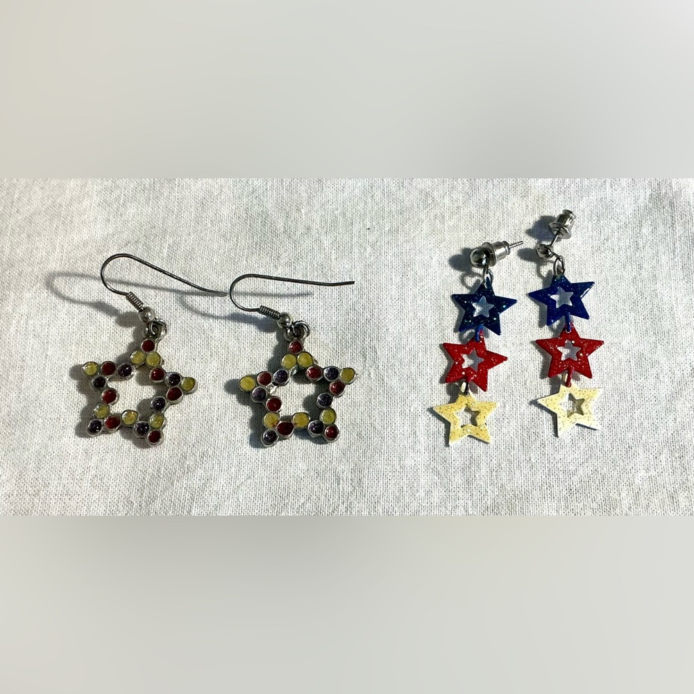 2 Pairs Red, White & Blue Drop/Dangle Earrings. Star Shaped. Pierced